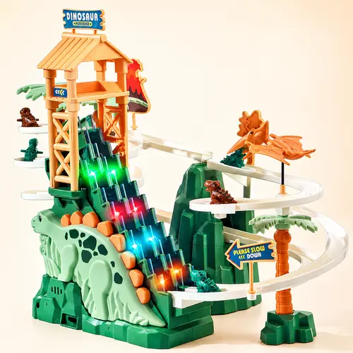 Dinosaur Track Playset for Kids, Motorized Double Elevator Vehicle Track with Lights & Music, Multi-Level Spiral Slide Toy with Small Vehicles, Gift for Boys and Girls