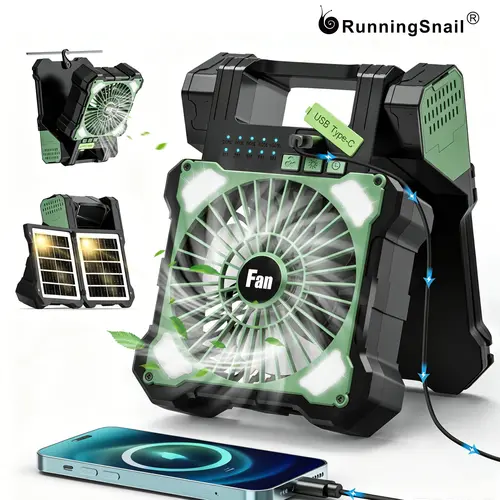 Solar Powered Camping Fan for Tent Rechargeable Battery Operated Tent Fan with LED Light, Hanging Hook,Timer, 5 Speed Portable Camping fan for Outdoor Travel Home Beach