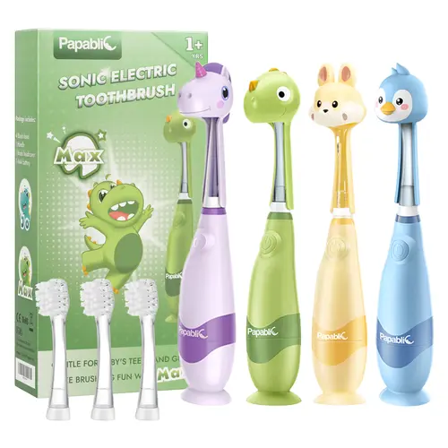 Papablic Toddler Sonic Electric Toothbrush for 1-3Y, Kids  Electric Toothbrush with Smart LED Timer, Dino & Unicorn Cover, 4 Brush Heads, Gentle Clean, Lightweight Travel & Fun Oral Care Kit, Baby Toothbrush Set, Gifts, #tiktokshopbacktoschool