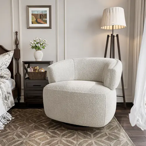 【Summervibes】RoyalCraft Swivel Accent Chair, Fully Assembled Round Barrel Chairs, Oversized Upholstered Armchair with 360-Degree Base, Comfy Modern Chair for Living Room, Bedroom, Office