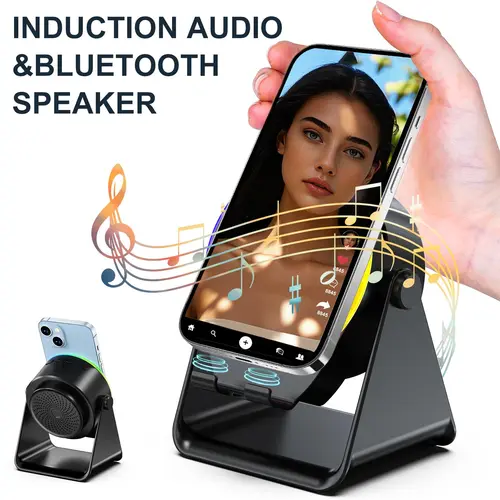 Dohelly 5 IN 1 Wireless Induction Audio Bluetooth Speaker, 360° Rotation Stand with LED, Universal Speaker Stands for Surround Sound&Charger,Portable Desktop Stand Gift  for Home, Shower, Outdoors, Travel.