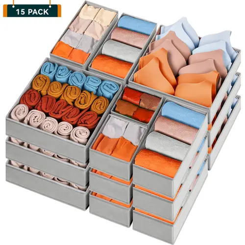 Criusia 15-Piece Drawers Clothes Organizer - Reinforced Thick Fabric Foldable Storage Box with Divided Compartments, Space-Saving Bedroom Storage Organizer for Women's Clothes, Underwear & Socks