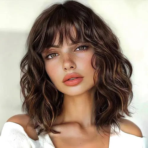 NAYASA Women's Brown Highlight Synthetic Fiber Bob Wig - 14in Short Wavy Curly with Bangs, Glueless, Adjustable Straps Fit Snug, Low Upkeep for Daily & Party Use, Glueless Wig, Wigs For Women,sohochic