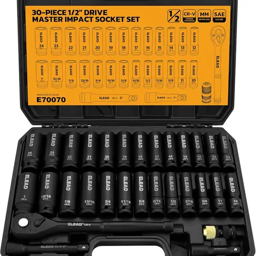 ELEAD 1/2" Drive Deep Impact Socket Set - 30-Piece CR-V Steel Mechanic Tools Kit with 6-Point SAE (3/8-1 in), Metric (10-24mm) Sockets, 3" & 5" Extensions, Ratchet Handle, Bit Adapter for Auto Repair (TikTokShopBlackFriday), 6-Point Socket Metric, Socket,