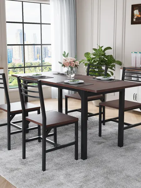 VOWNER 63” Extendable Dining Table Set for 4-6 People, 5-Piece Dining Table Set for 4 People with 4 Chairs, Kitchen Table Set with MDF Wood Board and Metal Frame, for Small Space, Apartment