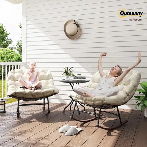 Outsunny 2-Piece Oversized Rocking Papasan Patio Lounge Chairs Set, Stain-Resistant Cushions, Steel Frame, Curved Base Outdoor Rocking Chairs for Patio Porch