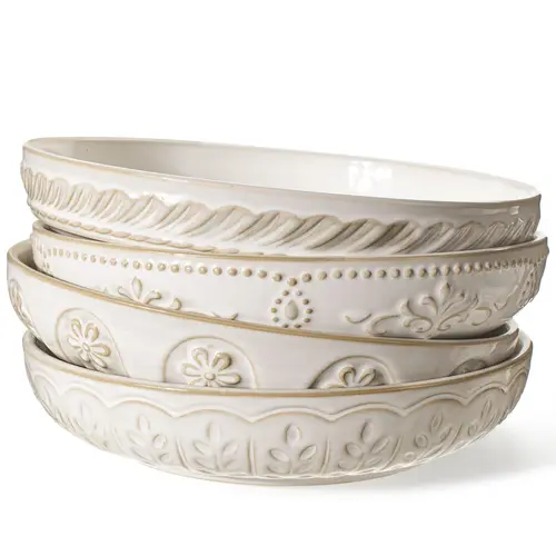 Artena Ceramic Pasta Bowls Set of 4 - 50oz 9.75 Inch (9.75" size) Embossed Shallow Porcelain Bowls, Sturdy Kitchenware for Family & Holidays, Oven-Safe Dinnerware for Salads & Dinners
