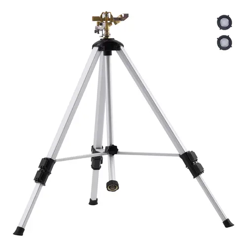 【toolupgrade】VEVOR Heavy-Duty Garden Impact Sprinkler on Tripod Base, Brass Head, 3/4" Connector, 360-Degree Large Coverage Outdoor Spray, Adjustable Heights, Ideal for Large Lawns and Gardens, Gray