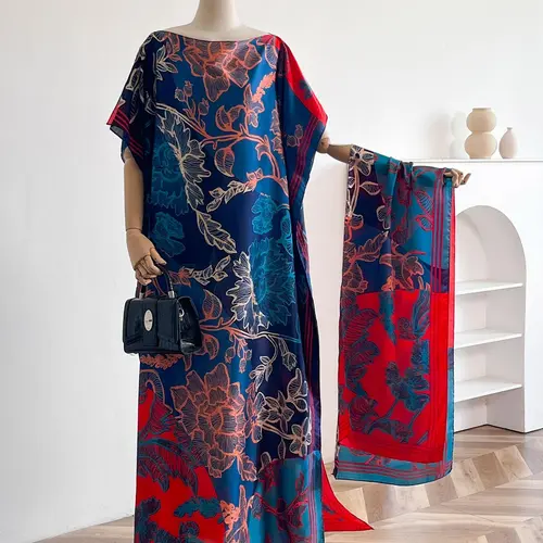 Women's Floral Print Long Dress & Scarf Set, Boho Casual Shawl Dress & Scarf Set for Beach Vacation Holiday, Ladies Clothes for All Seasons Outfit