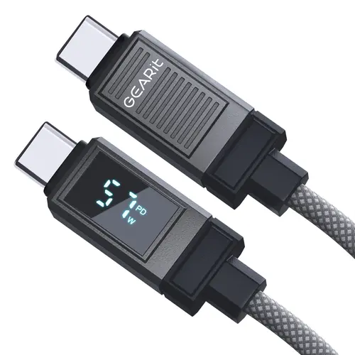 GEARit 100W USB-C to USB-C Alloy Connector Charger Cable, Fast Charging Braided Cord with Digital Display, 3.3ft Grey, for iPhone 16/15, MacBook, iPad Pro, Samsung Smartphone/Cellphone, Electronic Devices