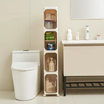 UFORU Toilet Storage Cabinet - 1-4 Layer Narrow Plastic Rectangle Tall 50" Unit, Slim with Door, Adjustable Shelves, Movable Wheels, Stackable, Foldable, Fits Tight Corners, Small Space Bathroom Organizer