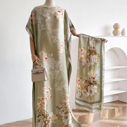 Women's Floral Print Kaftan Style Dress & Scarf Set, Boho Casual Long Dress & Shawl Set for Beach Vacation Holiday, Ladies All Season Outfit