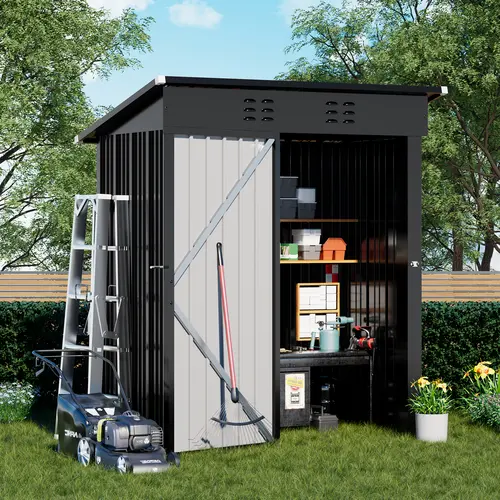 GTPLAYER 5x3FT Powder Coated Lockable Galvanized Steel Metal Garden Shed, Heavy Duty Waterproof Storage Shed with Lockable Door, Sloping Roof, Top Vents, Kit with Manual, 2-3 Person Setup, Space-Maximizing, Prevents Leakage for Backyard, Patio