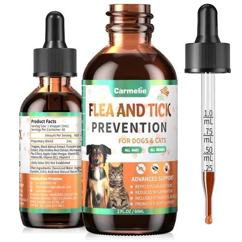#backtoschool #sohochic Carmelie Flea & Tick Support Drops for Dogs & Cats Natural Liquid Formula with Vitamins Bacon Flavor All Breeds & Ages Kittens