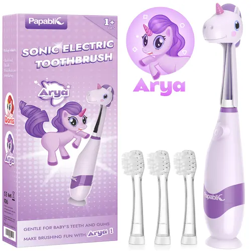 Papablic (Arya) Toddler Sonic Electric Toothbrush for Ages 1-3 Years, Kids Electric Toothbrush with 4 Brush Heads, Unicorn Cover and Smart LED Timer, Lightweight Travel & Fun Oral Care, Baby Travel Toothbrush, Gentle Clean, Gifts, #tiktokshopbacktoschool