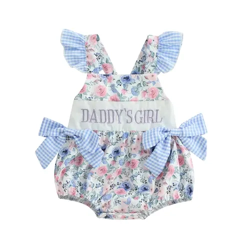 Newborn Baby Girl Cute Fathers Day Daddys Girl Outfit Fly Sleeve Flower Print Bow Romper Infant Bodysuit Summer Clothes #Summervibes
