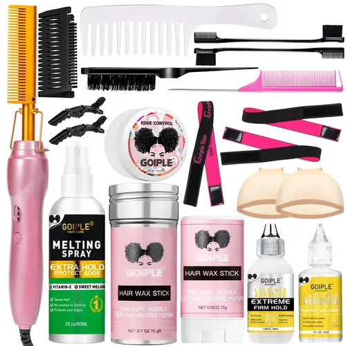 19 counts Electric Hot Comb Hair Straightening Comb Curling Iron for Wigs Beard and Natural Hair，Lace Front Wig Black Women Lace Glue Wig Install Kit，Pressing Combs Wig Glue Hair Wax Set Comfort Salon Anti-Scald Attachment Temperatures Adjustable