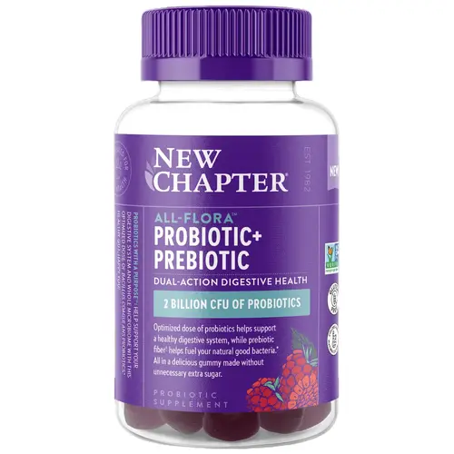 NEW CHAPTER All Flora Prebiotic + Probiotic Gummy, 55% Less Sugar, Holistic Gut Health Support for Women & Men - 60ct