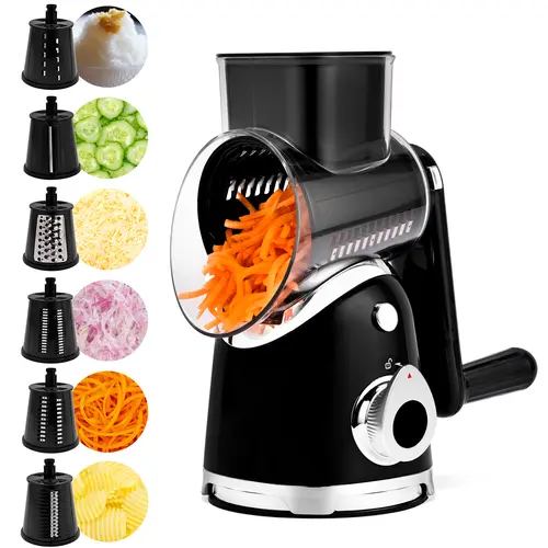 SUSTEAS Rotary Food Shredder Tool - 6 Replaceable 18/10 Stainless Steel Blades for Wavy & Smooth Cuts, Compact Kitchen Gadget with Strong Suction Base, Vegetable Potato Chocolate Shredder, Ideal for Gift Giving (New Black),sohochic