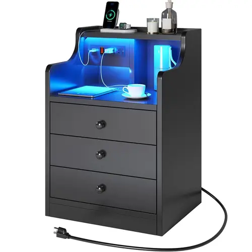 Sikaic LED Nightstand with Charging Station and Drawers, Modern Bedside Table for Bedroom Storage Furniture