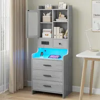 Sikaic LED Tall Bedside Table with Charging Station, RGB Lighting, Drawers, Shelves and Glass Door Storage – Bedroom Furniture for Bedroom Storage