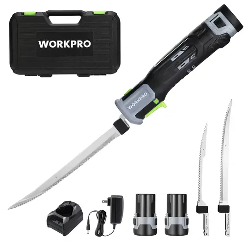 #toolupgrade WORKPRO 12V Cordless Electric Fillet Knife with 8"& 10"Razor-Sharp Blades, Cordless Fillet Knife with Non-slip Grip Handle and Safety Lock, 2 Rechargeable Battery Packs, 1 Quick Battery Charger, and 1 Storage Carry Case for Fishing