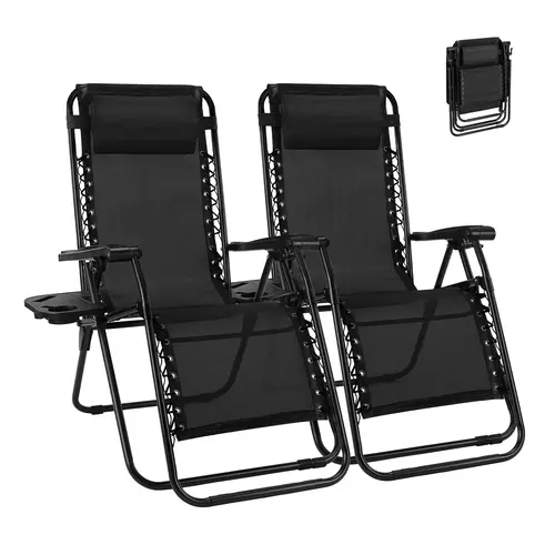 Sweetcrispy 2-Pack Ergonomic Armless Zero Gravity Folding Lounge Chairs with Cup Holder Trays, Adjustable Pillow, Garden-Ready Outdoor Furniture for Relaxing by Pool or Patio, Built for Beach and Camping