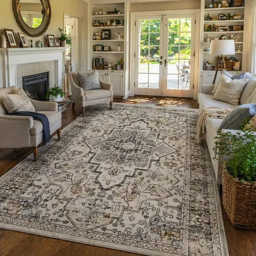 YIHOUSE 2nd Gen Boho Runner Rug - Fully Washable, Neutral Vintage Soft Low-Profile Carpet, Non-Slip Stain-Resistant Pet-Safe Floor Mat for Living Room, Entryway Aesthetic Home Decor