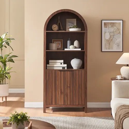PieDle Furniture Arched Cabinet Bookshelf Bookcase - 71” Tall Mid Century Arched Display Cabinets, Rounded Bookshelf with Fluted Doors, Open Shelf Storage Cabinet for Dining Room