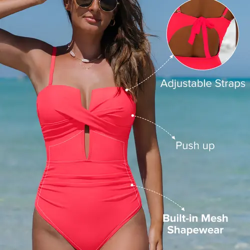 POPVIL Women's Solid Color Wrap Front Lace-Up V-Neck Tummy Control 1-Piece Swimsuit - Bathingsuit, Fitted Swimwear, V-Neck Looks Slim for Vacation