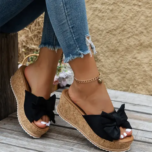 Women's Cute Bowknot Leopard Print Wedge Sandals, Elevated Sandals, Casual Fashion Slip-On Wedges, Summer Trendy Shoes for Beach Daily Wear, Fashionable Footwear
