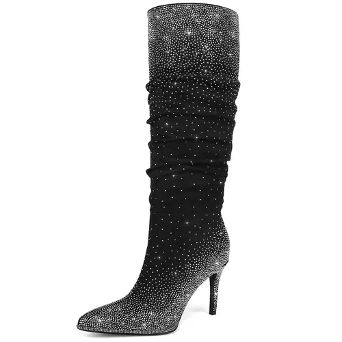 RONILURN Women's Rhinestone Knee-High Slouchy Tall Boots, Pointed Toe High Heel Wide Calf Glitter Stilettos, Pointed Boot Shoe for Women,sohochic