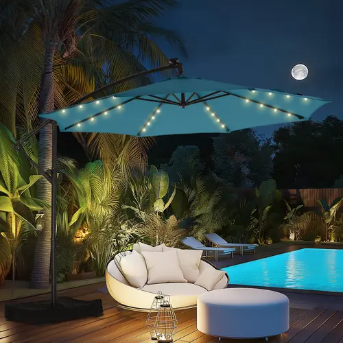 10ft Solar-Powered Offset Cantilever Patio Umbrella with Base, LED Lighting, Easy Adjustable Tilting & Crank, UPF50+ UV Resistant Canopy, Sturdy Outdoor Shade Canopy, Ties for Garden & Deck Use, Heavy Duty Canopy