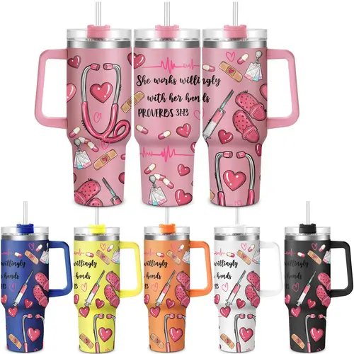 Nurse Pattern 40oz Insulated Coffee Tumbler with Lid, 1 Count Stainless Steel Water Bottle, Drinking Cup for Home Office School, Gift for Nurse, Birthday Gift, Drinkware, Insulated Tumblers
