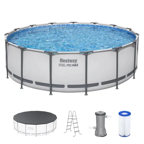 "Bestway Steel Pro MAX Round Above Ground Pool Set, Gray (15 Ft | 14 Ft | 13 Ft | Size Options)   Complete Set with Filter Pump, Ladder and Cover