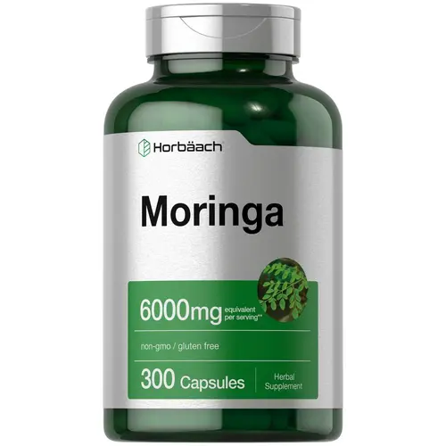 Horbäach Moringa Oleifera | 6000mg | 300 Powder Capsules | Non-GMO and Gluten Free Extract Formula | Complete Green Superfood