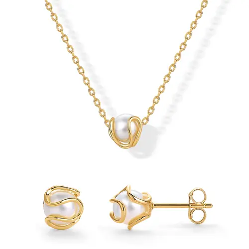 PAVOI 14K Gold Plated Round Shell Pearl Jewelry Set for Women - Gold Pearl Necklace and Earring Set with Pendant Necklace and Caged Stud Earrings Pack