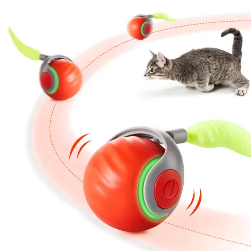 Potaroma Rechargeable Automatic Rolling Cat Toy Ball with Feather Tail, 2025 New 2-Mode Switching Smart Interactive Toy for Indoor Cats, ABS Silicone Ball with Removable Tail for Indoor Hunt Spark Exercise, Orange