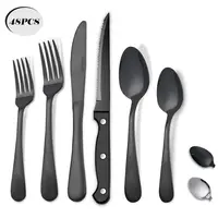 24/48PCS Modern Stainless Steel Cutlery Set - Standard Shapes Forks, Knives, Spoons, Steak Knives, Dishwasher Safe Tableware for Everyday Indoor Home Dining, Wedding Party, Casual Use, Housewarming Gift (Sturdy Stainless Steel Build)