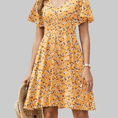 ZEAGOO Women's Summer Dress Casual Swing Floral Ruffle Short Sleeve Sundresses Beach Mini A-line Shift Dress with Pockets
