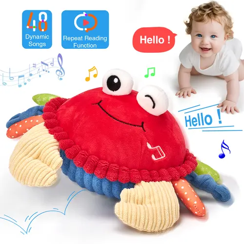 Hahaland Automatic Musical Crab Plush Toy - 48 Songs, Repeat Function, Interactive Audio, Crawling Dancing Walking Bouncing - Sensory Baby Items for Tummy Time, Improves Language Skills, Christmas Gift for 0-3,6-12 Months