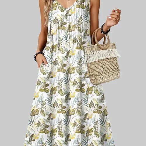ZEAGOO Women's Casual Tropical Floral Sleeveless V-Neck Pleated A-Line Midi Sundress - Breathable Bohemian Tunic with Pockets, Beach Cover-Up for Church, Business & Everyday Wear