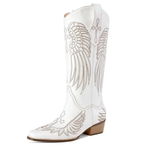 RONILURN Women's Knee-High Cowboy Boots - Pull-On, Square Toe, Low Chunky Heel, Retro Embroidered Comfortable Dress Footwear for Western Style (Shoe),sohochic