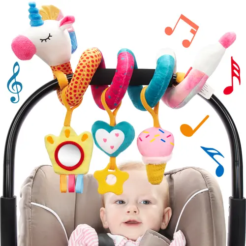 hahaland Sensory Car Seat & Stroller Toys for 0-6 Months Girls - 3 Textures to Explore, Crinkle Busy Time, Jingle Ice Cream, Mirror Heart, Rattle, Squeaky, Musical Light Up Developmental Baby Shower Gifts