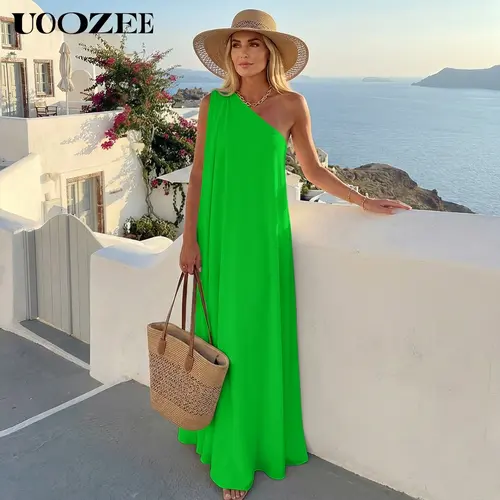 UOOZEE Women's 1-Shoulder Sleeveless Dacron Maxi Dress - Casual Wear Basic, Asymmetric Loose Solid Color, Slit Lightweight Flowy White Slightly Transparent, Elegant Dresses for Women for C Cup & Above, Going Out Outfit Wedding Guest Wear