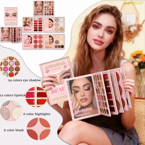 IGOODCO  【IG3130】 Multicolor Eyeshadow Palette - High-Pigment Pearl, Glitter Sequins, Set with Lipsticks, Highlighters, Beauty Products for Stage Use, Ideal Gifts for Women,sunscreen,sohochic