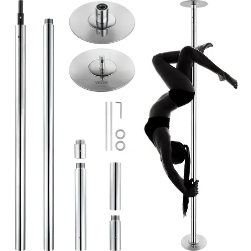 【toolupgrade】VEVOR 45mm Heavy-Duty Rust-Resist Coat Stainless Steel Dancing Pole Kit, 200kg Capacity, Ceiling-Free Setup, Dual Spinning-Static Mode, Portable Height-Adjustable Silver Pole Fitness Gym Exercise Equipment with Rubber Parts for Home Gym