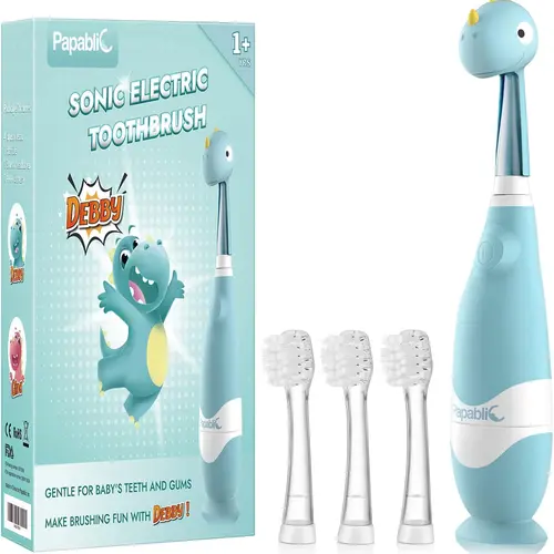 Papablic (Debby) Toddler Sonic Electric Toothbrush for 1-3Y, Kids Electric Toothbrush with Smart LED Timer & Dino Cover, 4 Brush Heads, Gentle Clean, Lightweight Travel & Fun Oral Care Kit, Baby Toothbrush Set, Gifts, #tiktokshopbacktoschool