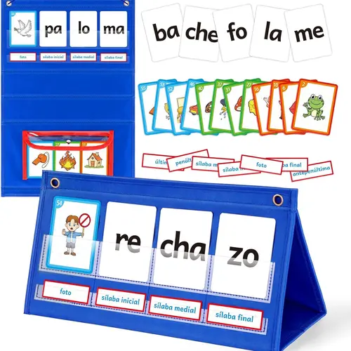 Torlam Spanish Word Building Pocket Chart Learning Tool - Oxford Cloth, 67 Syllable Flashcards, Convenient to Use Language Toy for Vocabulary, Spelling, Reading Practice, 67 Syllable Flash Cards