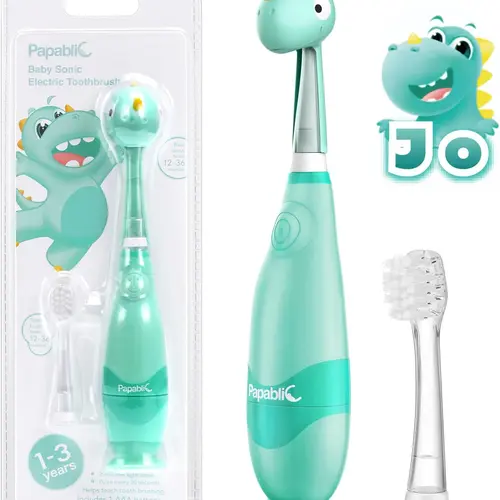 Papablic Toddler Sonic Electric Toothbrush Set (1-3Y), Kids Electric Toothbrush with LED Light, Smart Timer, Dino Cover, 2 Brush Heads, Gentle Deep Cleansing, Baby Lightweight Daily Oral Care Tool, Baby Travel Toothbrush, Gifts, #tiktokshopbacktoschool